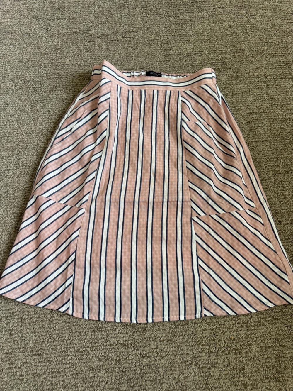 Roolee Pink Striped Midi Skirt with Navy & White Accents